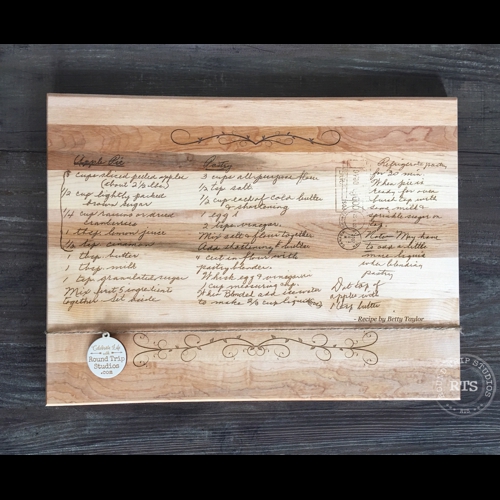 Custom cutting board with handwritten recipe engraved.