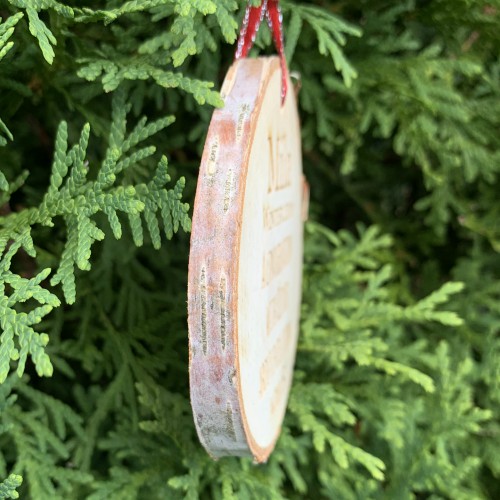 Side view of Rustic Birch Ornament showing live edge