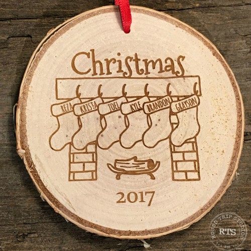 Custom stocking ornament with six names engraved.