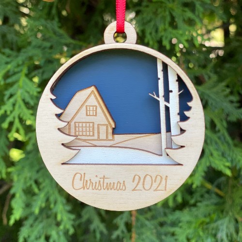 New home Christmas ornament made from layers of birch wood and engraved with your message.